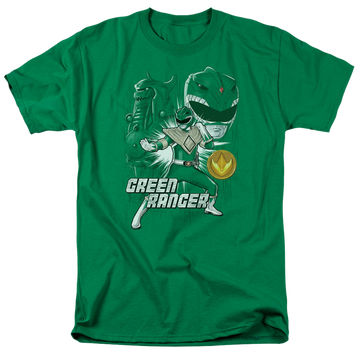 Kelly green men's regular fit t-shirt with Mighty Morphin Power Rangers Green Ranger graphic