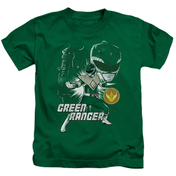 Kelly green kid's t-shirt for ages 4 to 7 with Mighty Morphin Power Rangers Green Ranger graphic