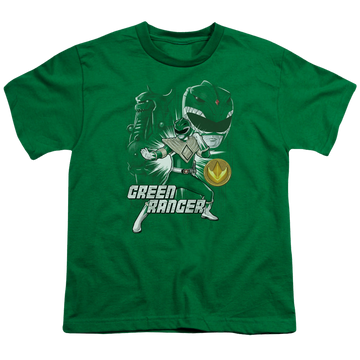 Kelly green youth t-shirt for ages 8 to 12 with Mighty Morphin Power Rangers Green Ranger graphic
