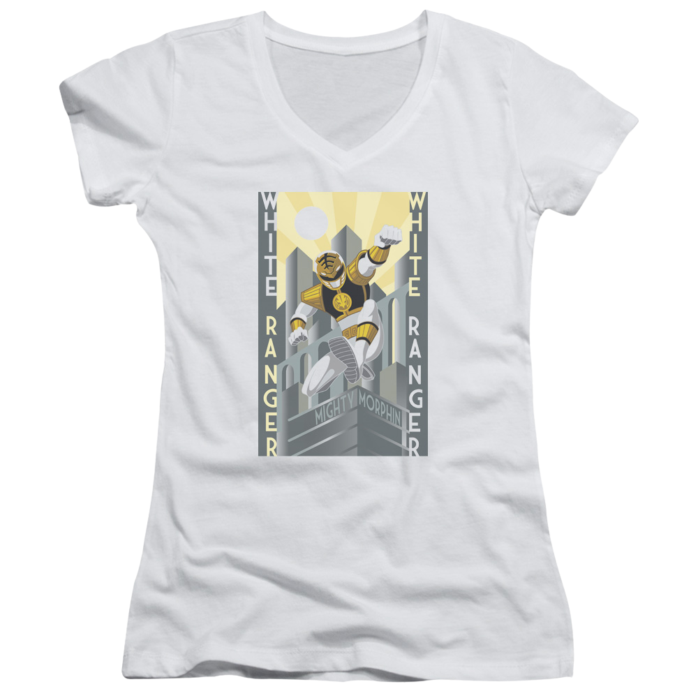 Mighty Morphin Power Rangers White Ranger Deco - Juniors V-Neck T-Shirt Juniors V-Neck T-Shirt Power Rangers