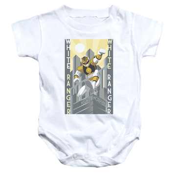 White baby bodysuit with Mighty Morphin Power Rangers White Ranger Deco graphic