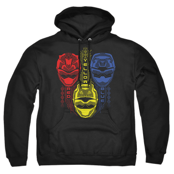 Black pullover hoodie with Power Rangers Red Yellow Blue graphic
