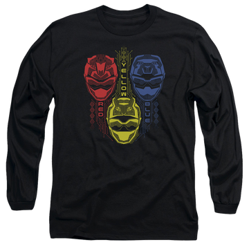 Black men's long sleeve t-shirt with Power Rangers Red Yellow Blue graphic