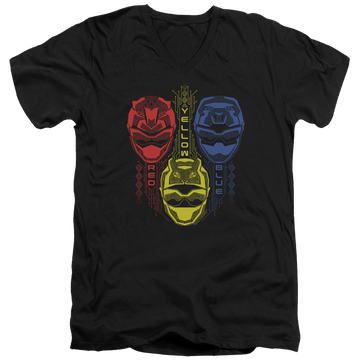 Black men's v-neck t-shirt with Power Rangers Red Yellow Blue graphic