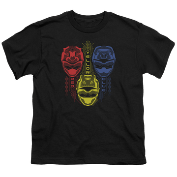Black youth t-shirt for ages 8 to 12 with Power Rangers Red Yellow Blue graphic