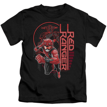 Black kid's t-shirt for ages 4 to 7 with Power Rangers Red Ranger graphic