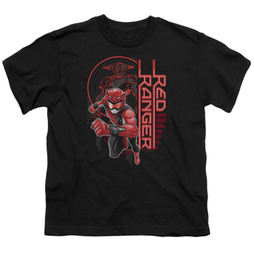 Black youth t-shirt for ages 8 to 12 with Power Rangers Red Ranger graphic