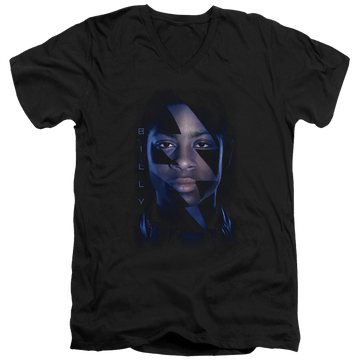 Black men's v-neck t-shirt with Power Rangers Billy Bolt graphic