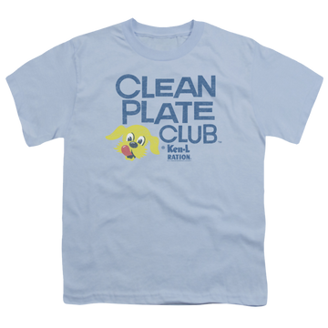 Light blue youth t-shirt for ages 8 to 12 with Ken-L Ration Ken L Ration Clean Plate graphic