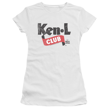 White juniors t-shirt with Ken-L Ration Ken L Ration Ken L Club graphic
