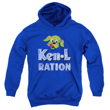 Royal youth hoodie for ages 8 to 12 with Ken-L Ration Ken L Ration Distressed Logo graphic