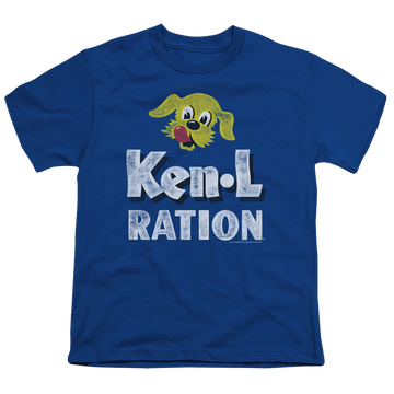 Royal youth t-shirt for ages 8 to 12 with Ken-L Ration Ken L Ration Distressed Logo graphic