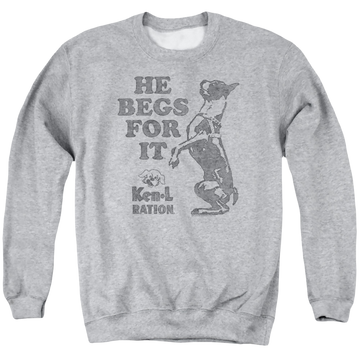 Athletic heather men's crewneck sweatshirt with Ken-L Ration Ken L Ration Begs graphic