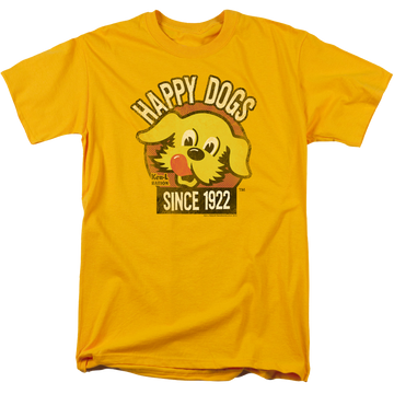 Gold men's regular fit t-shirt with Ken-L Ration Ken L Ration Happy Dogs graphic