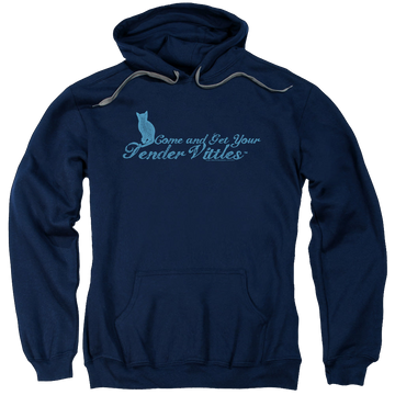 Navy pullover hoodie with Tender Vittles Come And Get Em graphic