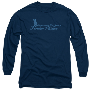 Navy men's long sleeve t-shirt with Tender Vittles Come And Get Em graphic