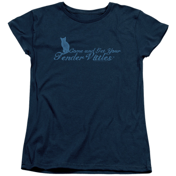 Navy women's t-shirt with Tender Vittles Come And Get Em graphic