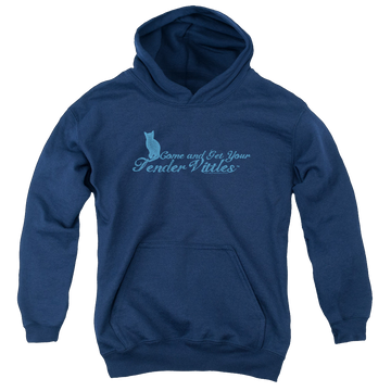 Navy youth hoodie for ages 8 to 12 with Tender Vittles Come And Get Em graphic