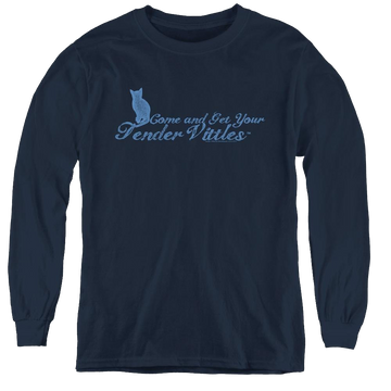 Navy youth long sleeve t-shirt with Tender Vittles Come And Get Em graphic