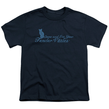 Navy youth t-shirt for ages 8 to 12 with Tender Vittles Come And Get Em graphic