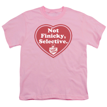 Pink youth t-shirt for ages 8 to 12 with Tender Vittles Selective graphic
