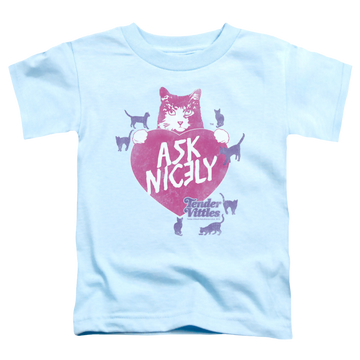 Light blue toddler t-shirt with Tender Vittles Nicely graphic