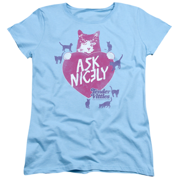 Light blue women's t-shirt with Tender Vittles Nicely graphic