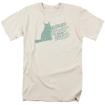 Cream men's regular fit t-shirt with Tender Vittles Hands Off graphic