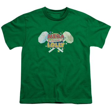 Kelly green youth t-shirt for ages 8 to 12 with Smarties Mega Lolly graphic