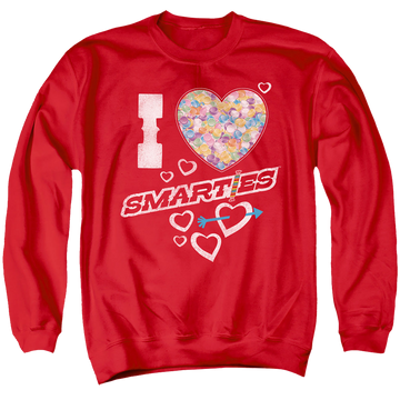 Red men's crewneck sweatshirt with I Heart Smarties graphic