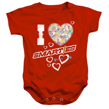 Red baby bodysuit with I Heart Smarties graphic