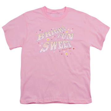Pink youth t-shirt for ages 8 to 12 with Smarties Bright Fun Sweet graphic
