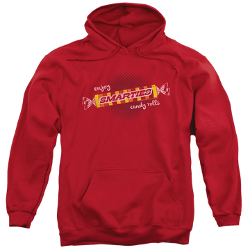 Red pullover hoodie with Smarties Enjoy graphic