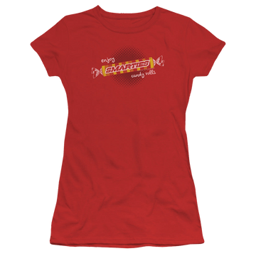 Red juniors t-shirt with Smarties Enjoy graphic