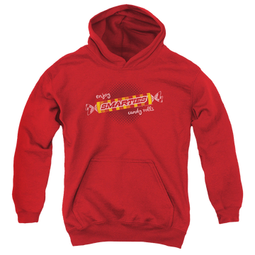 Red youth hoodie for ages 8 to 12 with Smarties Enjoy graphic
