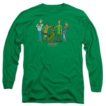 Kelly green men's long sleeve t-shirt with Scooby Doo Scooby Gang graphic