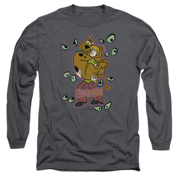 Charcoal men's long sleeve t-shirt with Scooby Doo Being Watched graphic