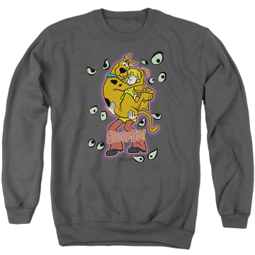 Charcoal men's crewneck sweatshirt with Scooby Doo Being Watched graphic