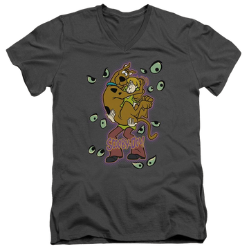 Charcoal men's v-neck t-shirt with Scooby Doo Being Watched graphic