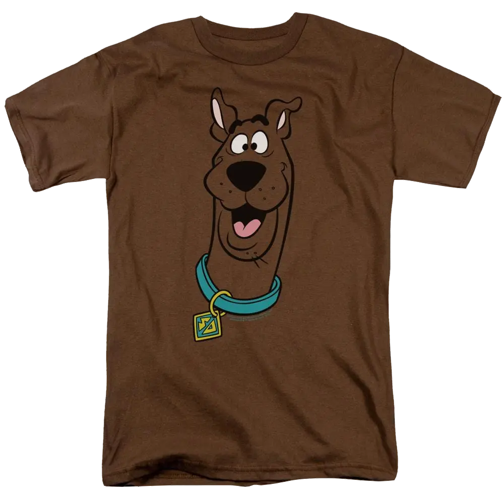 Brown men's t-shirt featuring a large Scooby Doo face with a blue collar and yellow tag on the front.