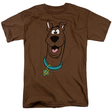 Brown men's t-shirt featuring a large Scooby Doo face with a blue collar and yellow tag on the front.