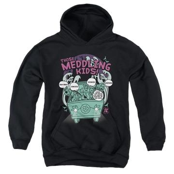 Black youth hoodie for ages 8 to 12 with Scooby Doo Meddling Since 1969 graphic