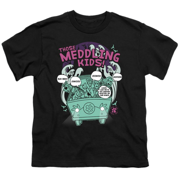 Black youth t-shirt for ages 8 to 12 with Scooby Doo Meddling Since 1969 graphic