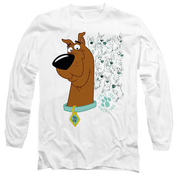 White men's long sleeve t-shirt with Evolution Of Scooby Doo graphic