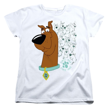 White women's t-shirt with Evolution Of Scooby Doo graphic
