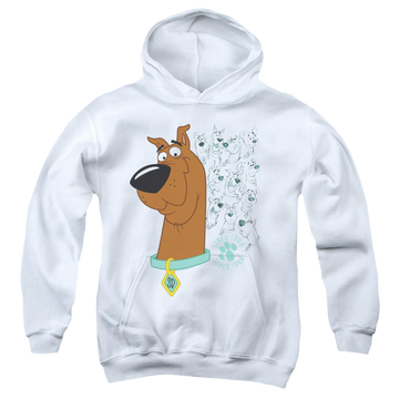 White youth hoodie for ages 8 to 12 with Evolution Of Scooby Doo graphic