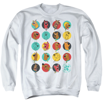 White men's crewneck sweatshirt with Scooby Doo Heads Up graphic