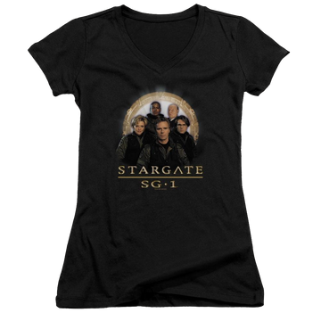 Black juniors v-neck t-shirt with Stargate Sg1 Team graphic