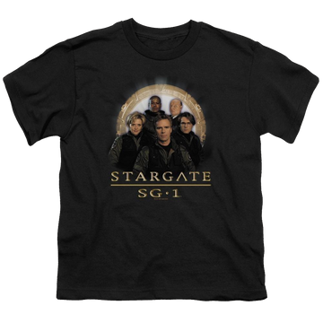 Black youth t-shirt for ages 8 to 12 with Stargate Sg1 Team graphic