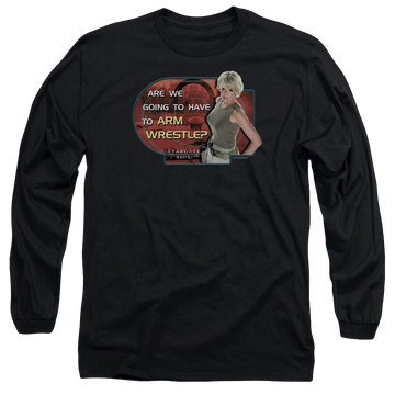 Black men's long sleeve t-shirt with Stargate Arm Wrestle graphic